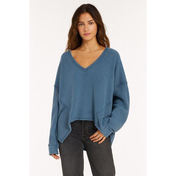 We The Free Oversized Waffle Knit Top | Slouchy V-Neck Long Sleeve Boho Boxy | M - Picture 1 of 11